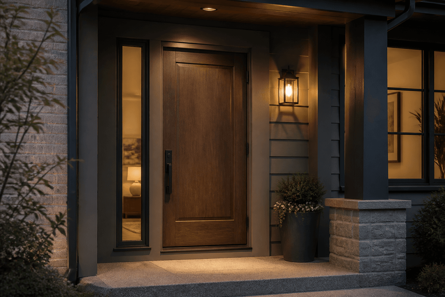 Warm timber entry door with sidelight at a quiet American home at dusk