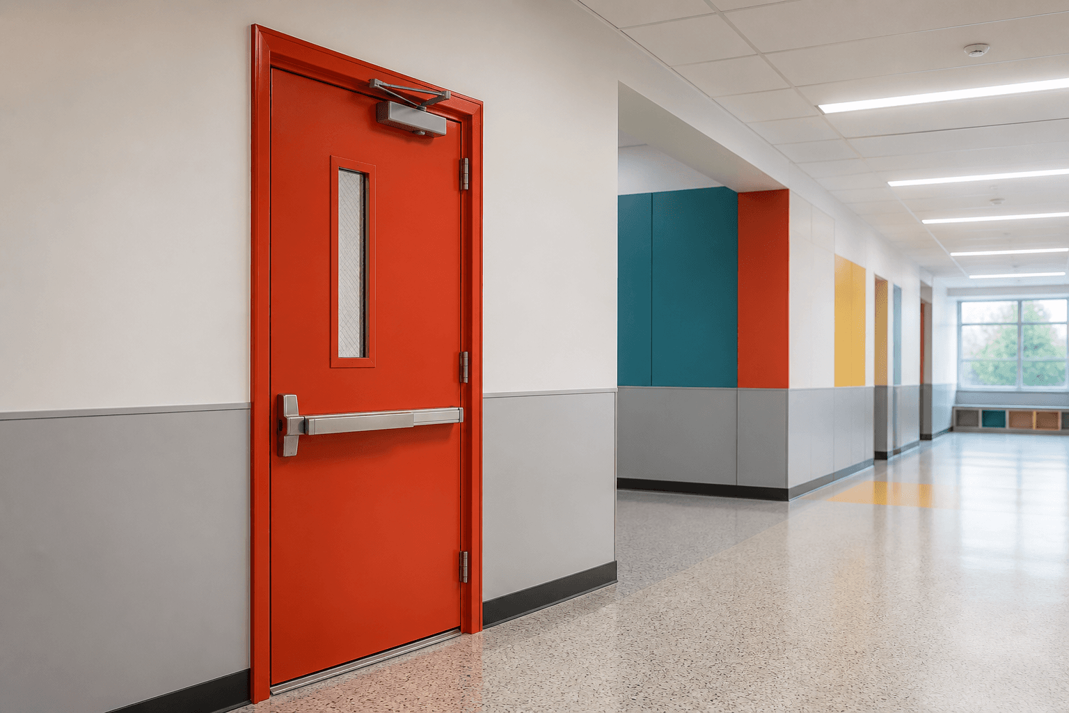 Red-orange fire-rated steel door with closer, wired glass, hinges, and panic bar in a colorful school corridor