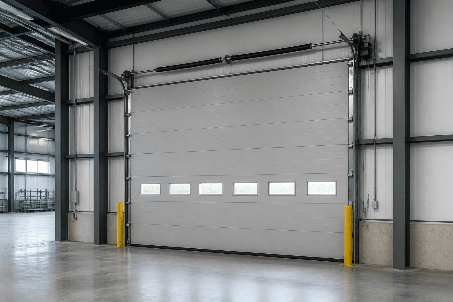 Large sectional overhead industrial door with rails and torsion assembly inside a cool-daylight factory