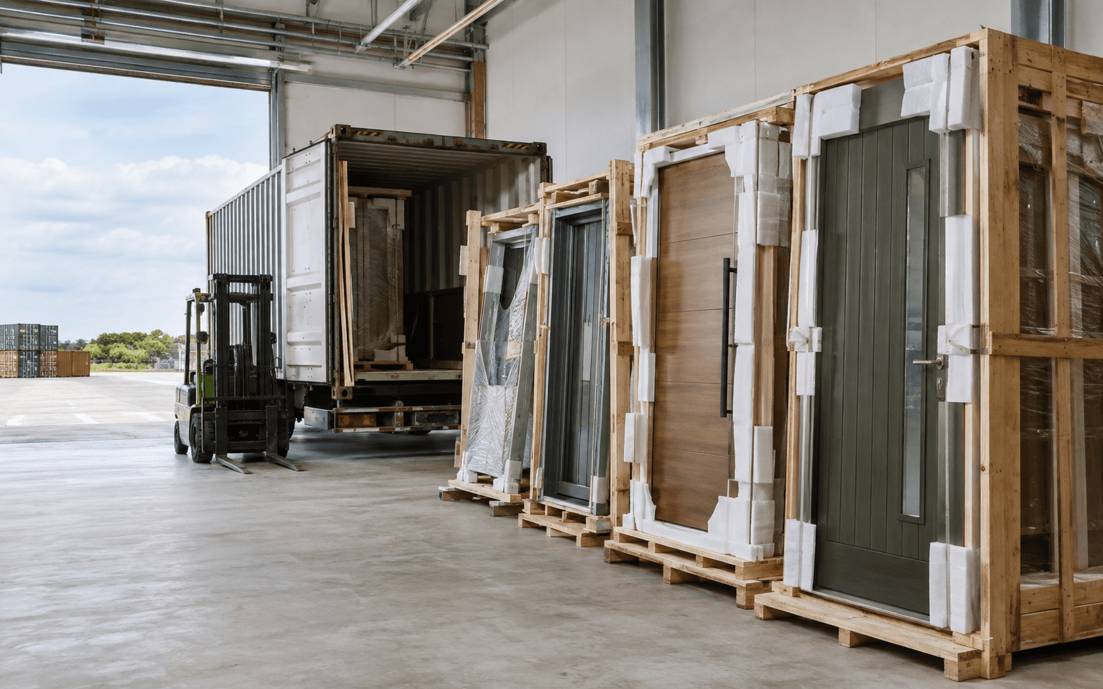Doors protected in export crates beside a sea-freight container