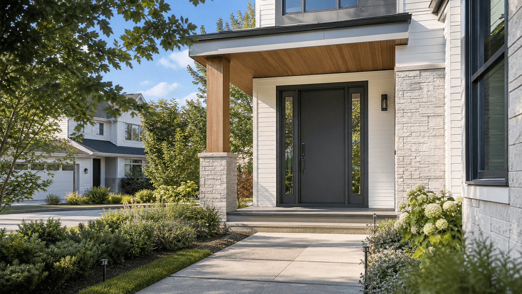 Contemporary charcoal entry door at a sunlit American suburban home on a clear day