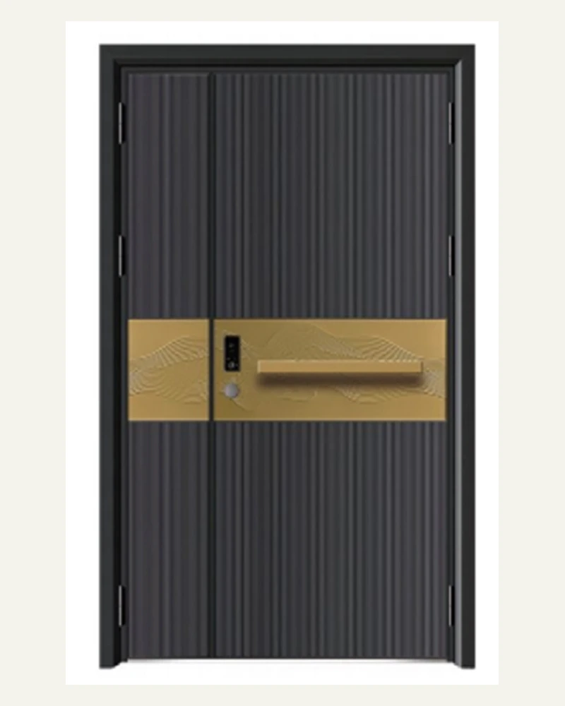 Dark cast aluminum entrance door with vertical fluting and a bronze horizontal band