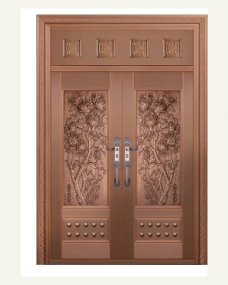 Warm copper-colored double entrance door with embossed decorative panels