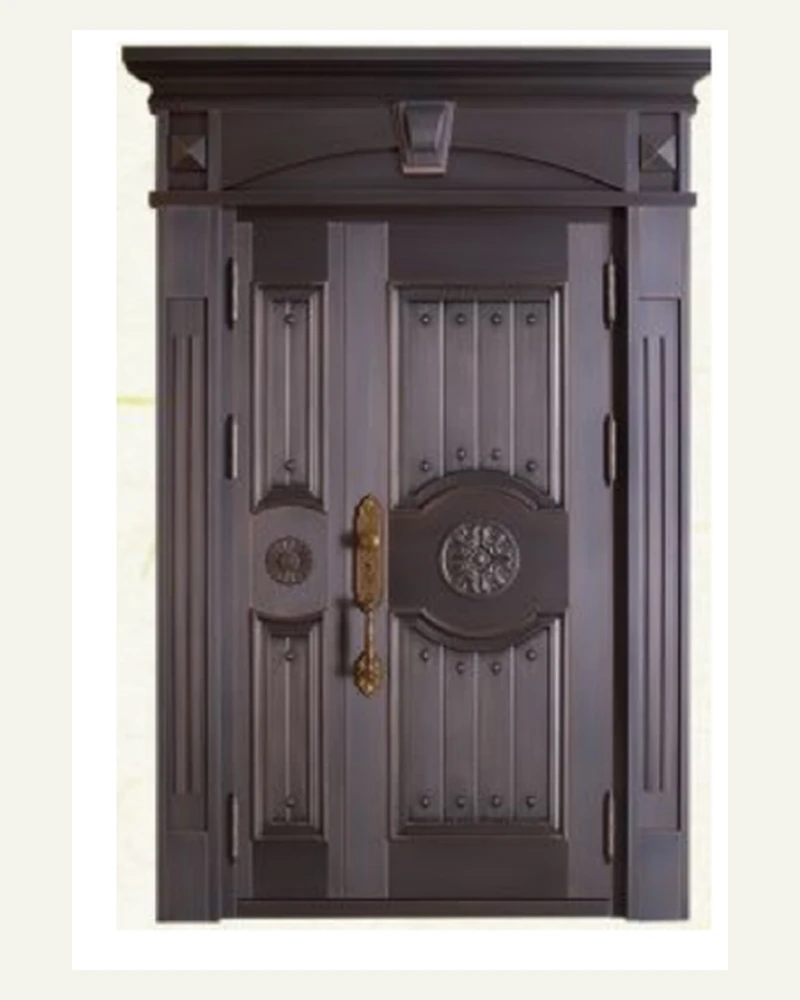 Dark copper-look entrance door with a substantial crafted surround