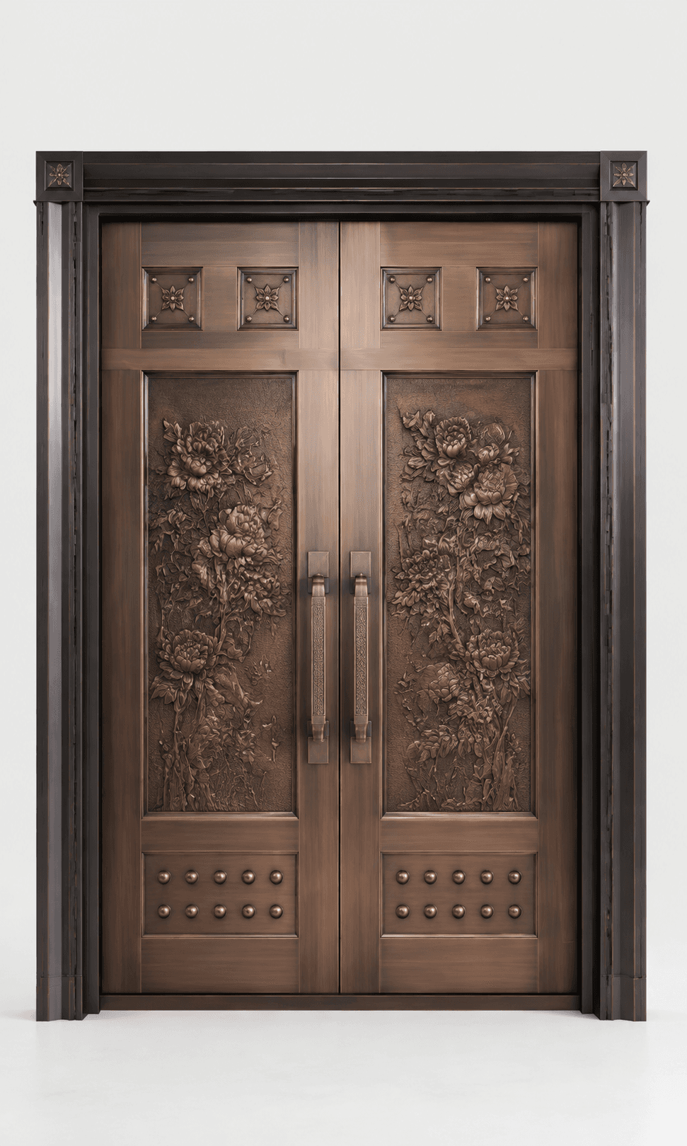 Warm copper double entry door with geometric panel detailing