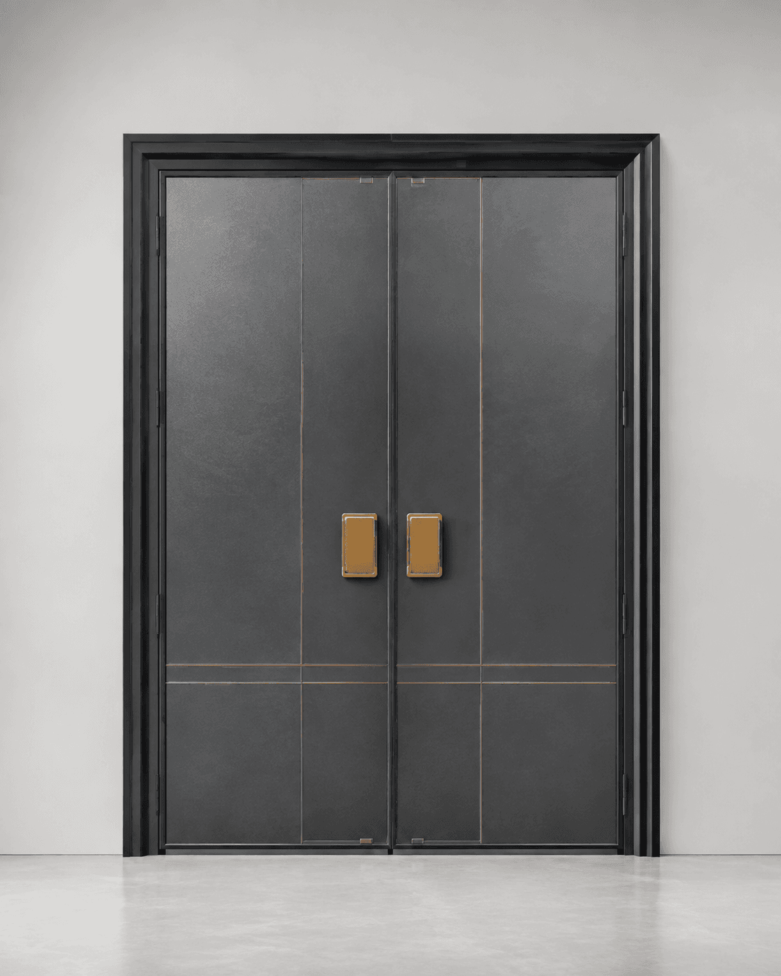 Black zinc-alloy double entry door with restrained metal detailing