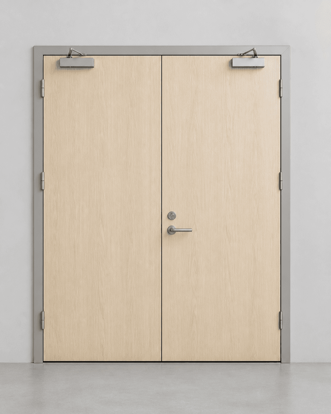 Warm timber-look steel-wood fire door with a narrow vision panel