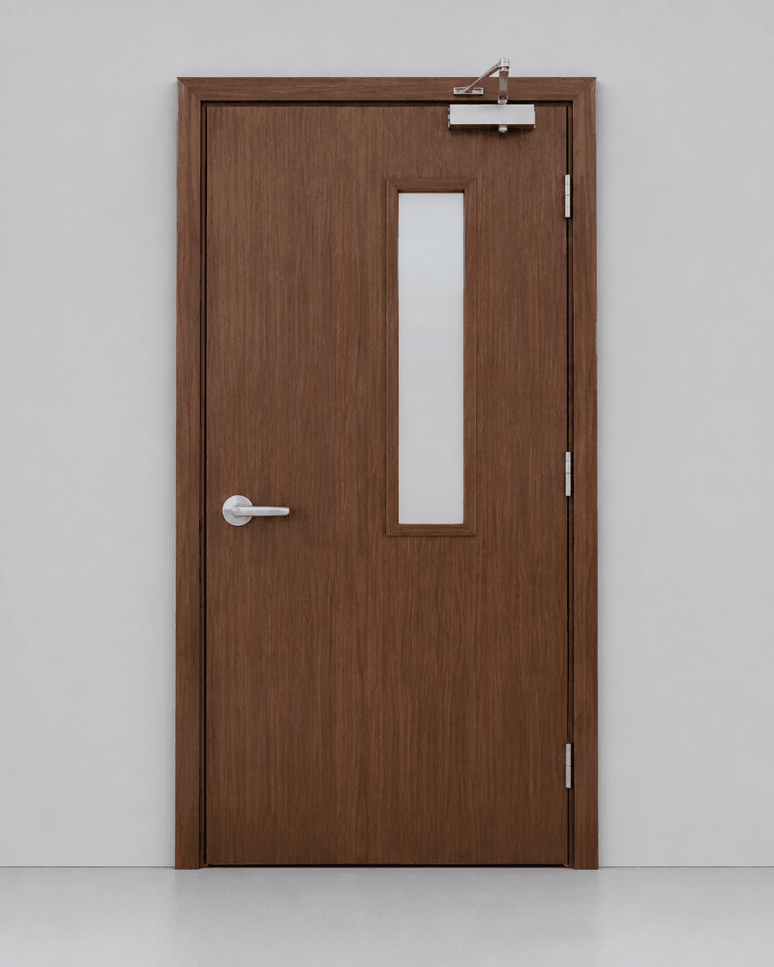 Natural wood fire door with vertical vision panel and door closer