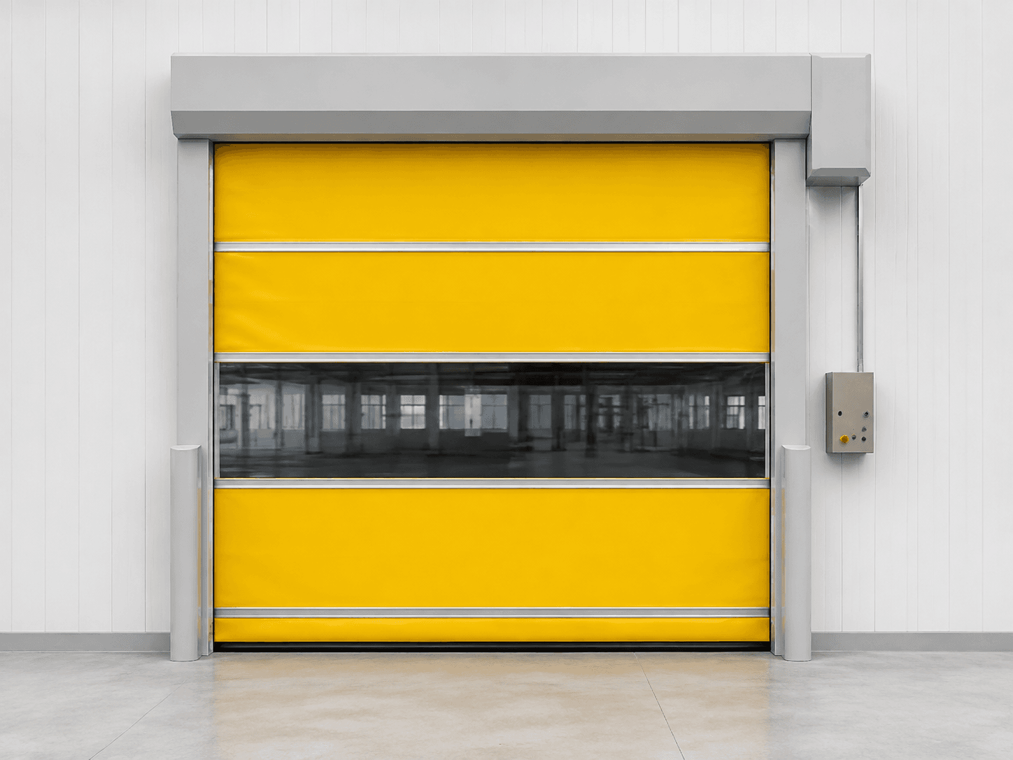 Yellow high-speed industrial door with clear vision strip and control box