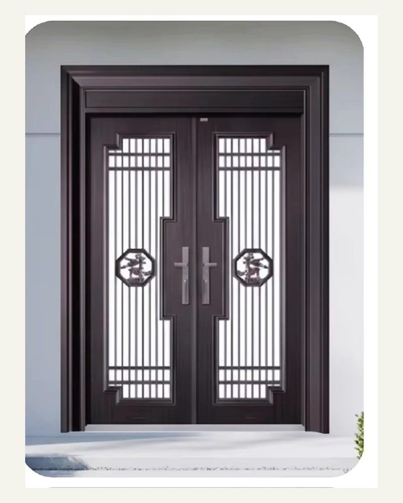 Dark double security door with geometric metal grille panels