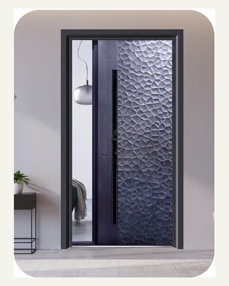 Dark Turkish-style entrance door with a hammered relief panel and tall black pull