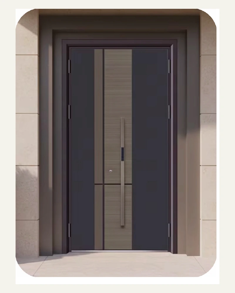 Dark Turkish-style entrance door with layered vertical inlays and a long pull handle