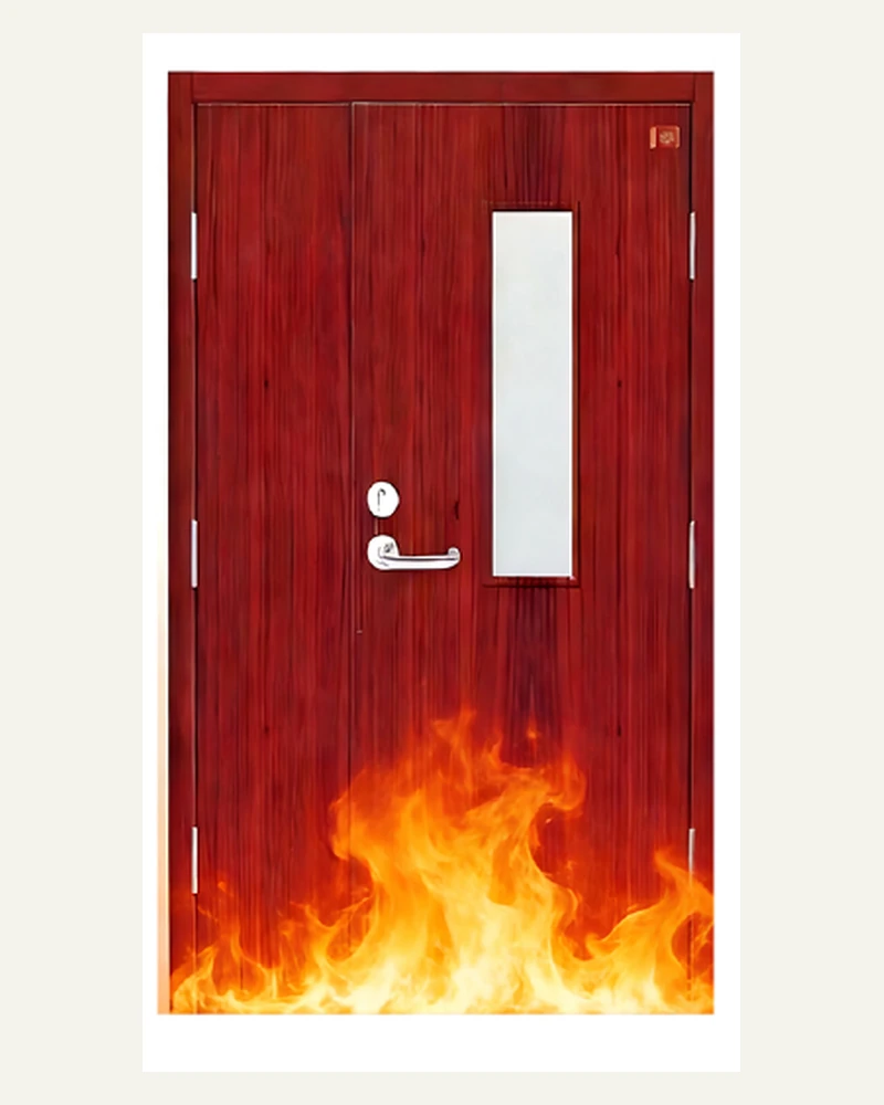 Red wood fire door with a tall narrow vision panel